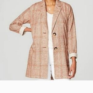 J Jill Women Blazer Jacket Medium Linen Cottagecore Henna Harper Plaid Gingham